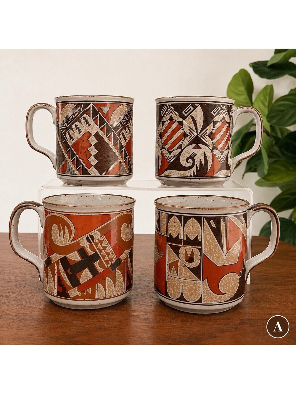 Takahashi Otagiri Stoneware 4 Mugs Tribal Native American Southwestern Geometric